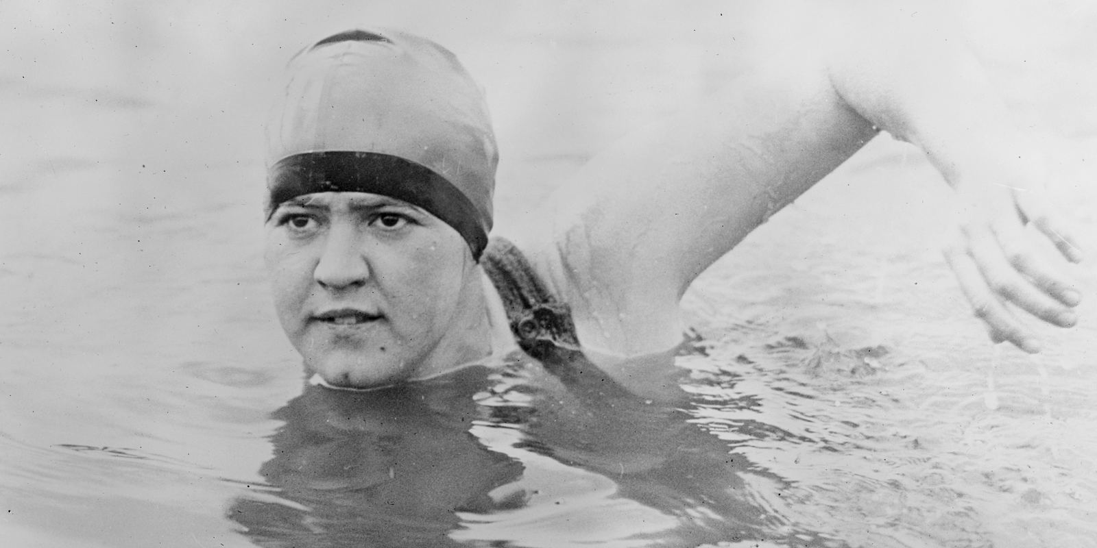 Gertrude Ederle in her swimsuit and cap in the 1920s