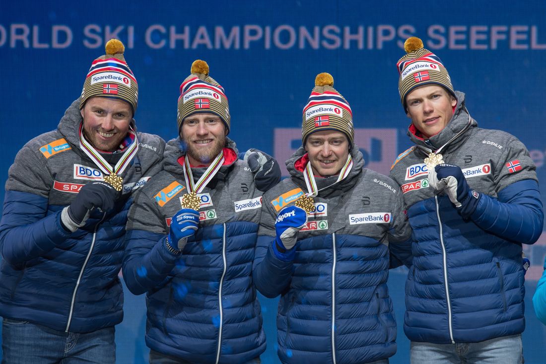 Johannes Hosflot Klaebo at a medal ceremony at the 2019 World Championships in Seefeld