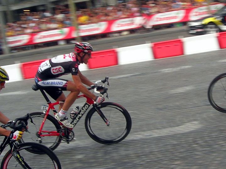 Riders racing along the Champs-Elysees on the final stage of the Tour de France